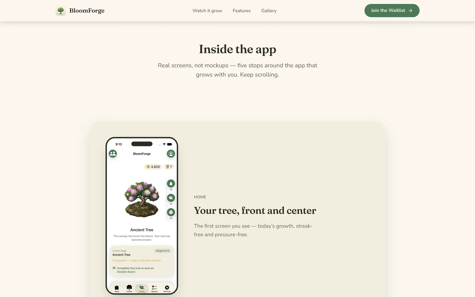 Inside the app: real screens rather than mockups, starting with the home screen and its fully grown ancient tree.