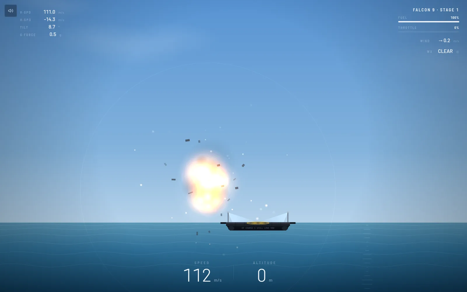 A Falcon 9 descent going wrong at 112 m/s, with live telemetry — vertical and lateral speed, tilt, g-force, fuel and throttle.