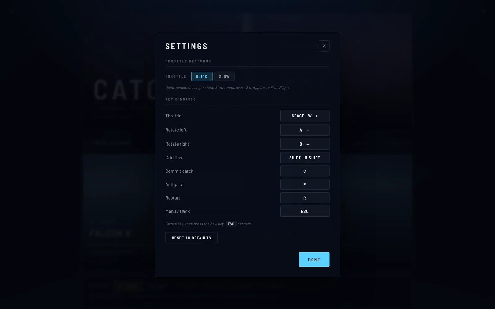 Settings: throttle response, and every key rebindable by clicking it and pressing another.