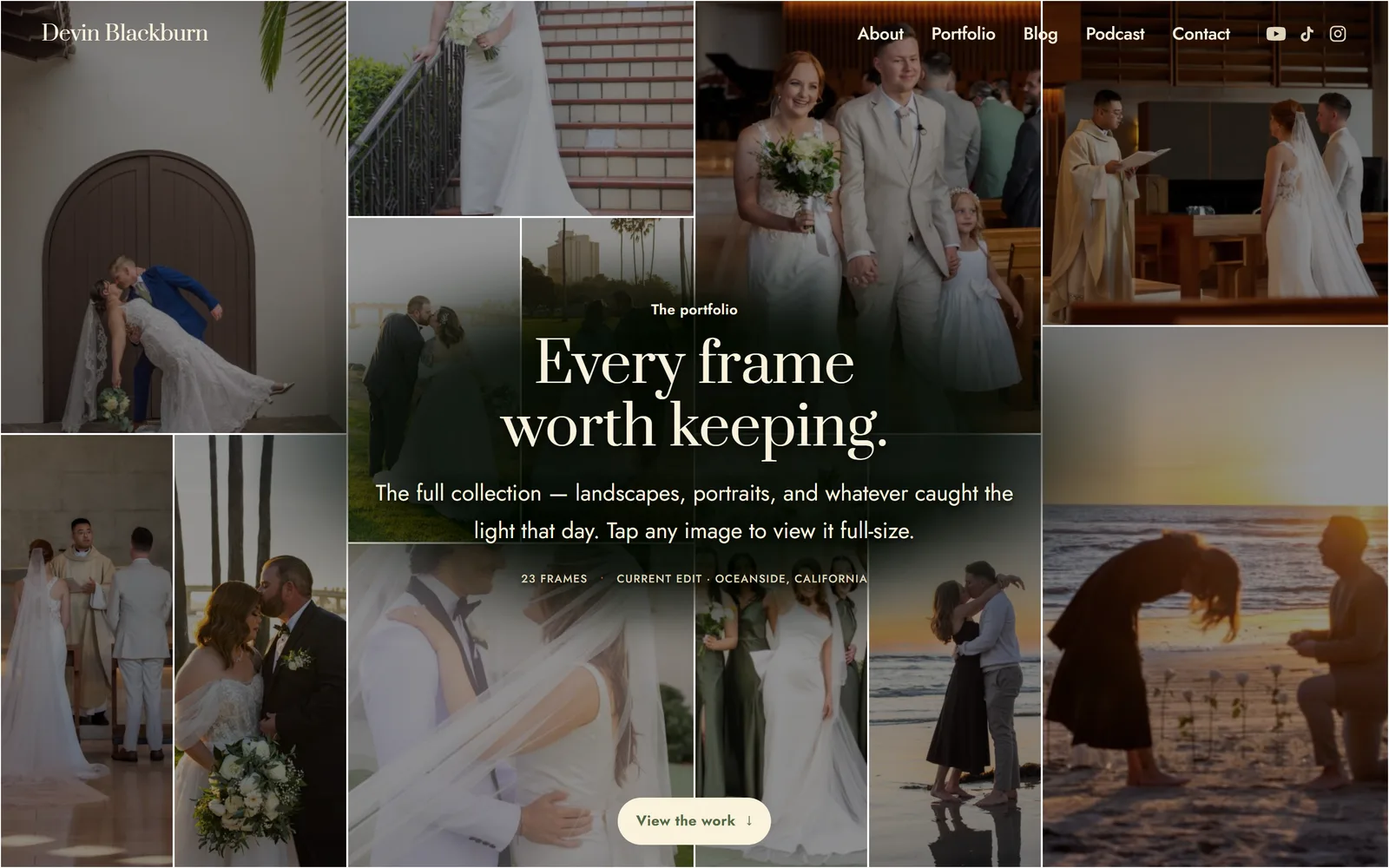 The portfolio: 23 frames in a full-bleed mosaic, any of which opens full-size.