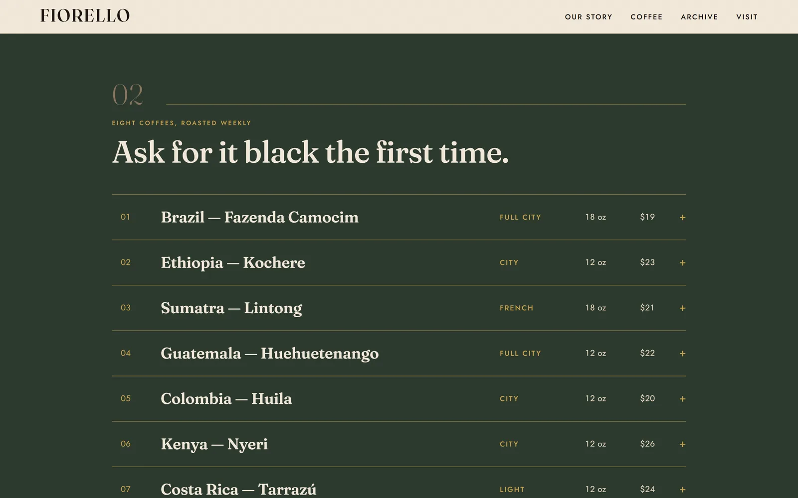 02 — eight coffees with origin, roast level, bag size and price on one line each; a row opens in place rather than on its own page.