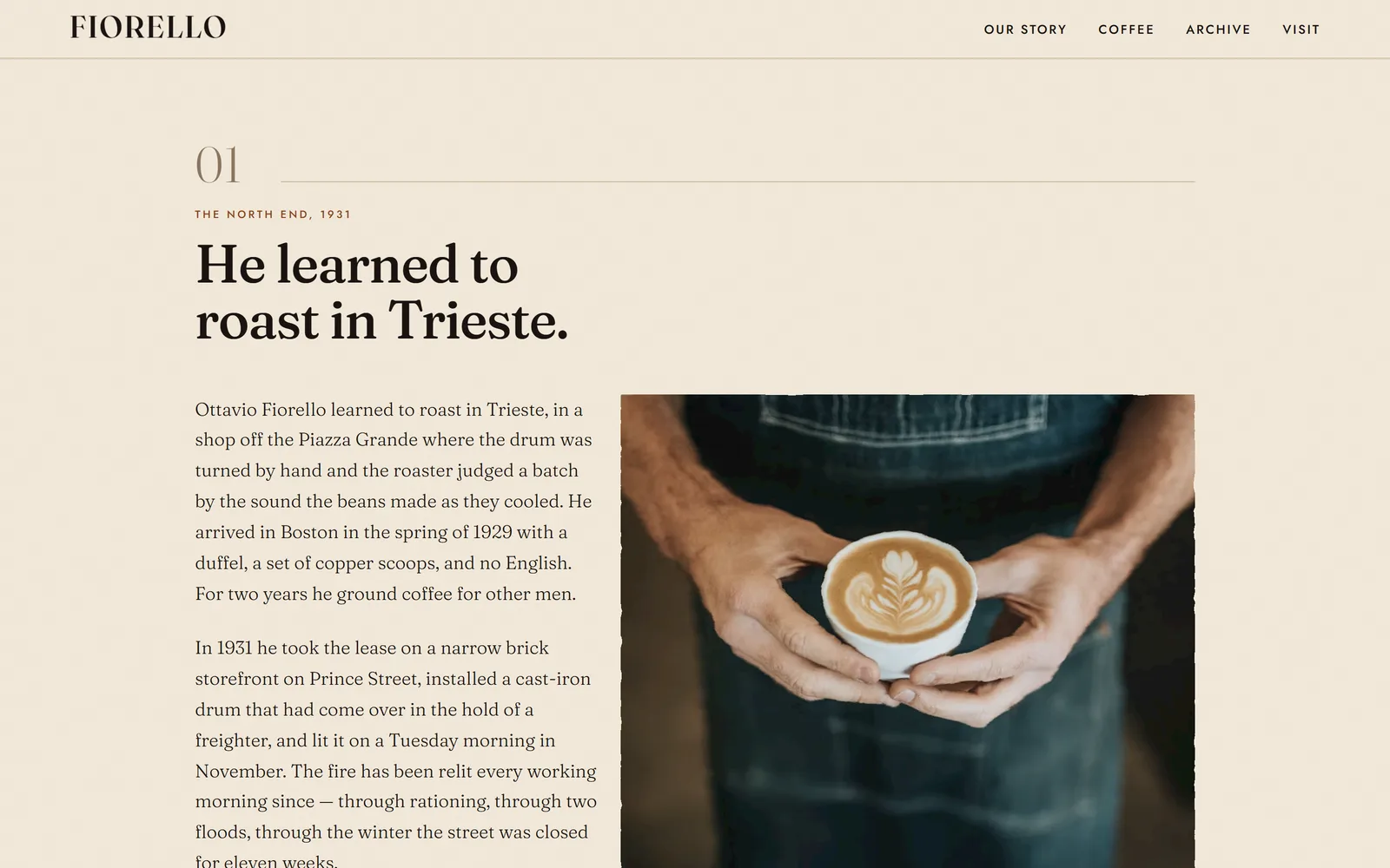 01 — the founding, told straight: Trieste, a cast-iron drum off a freighter, and a fire relit every working morning since 1931.