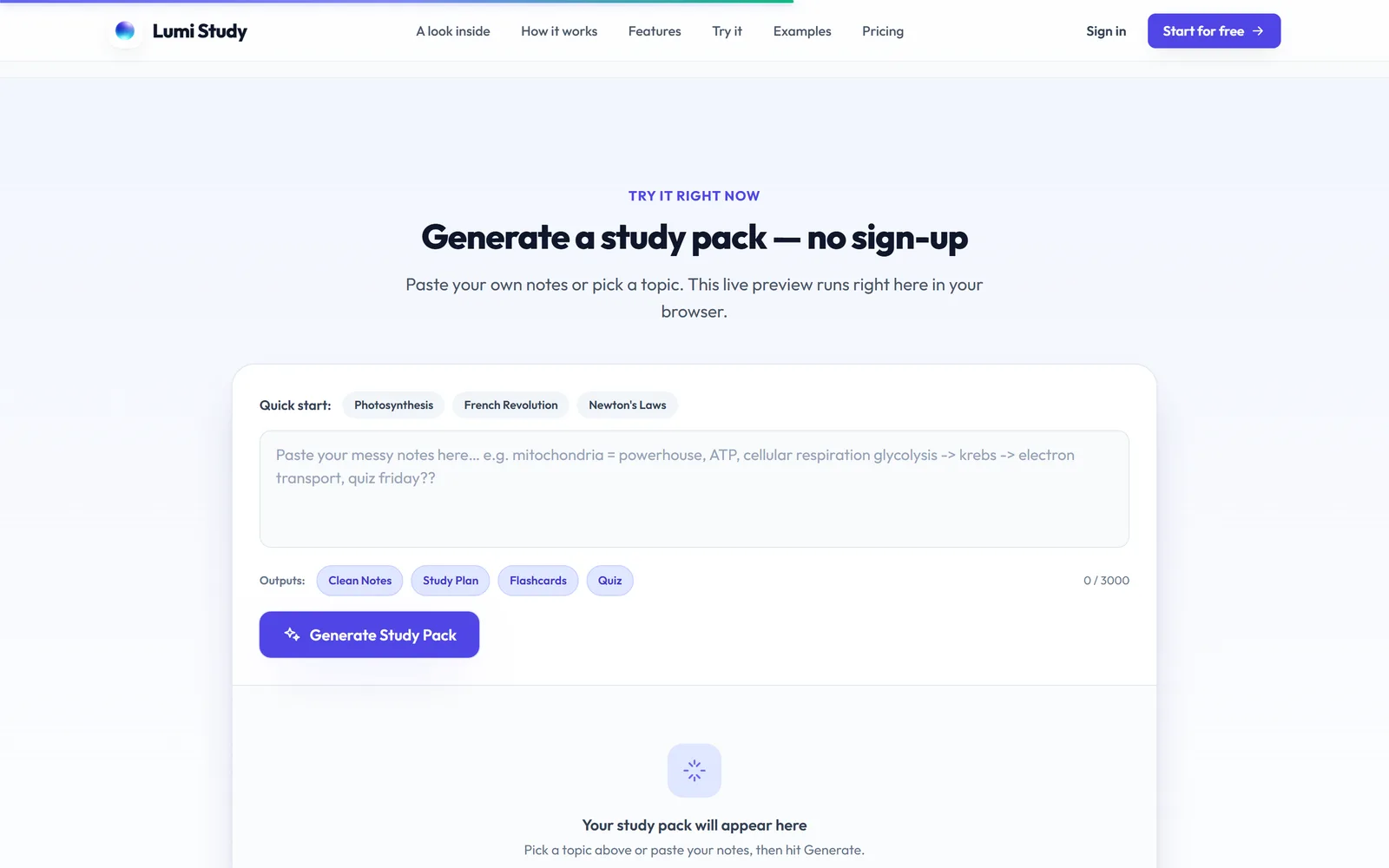 The try-it-now panel. Paste your own notes or take a quick-start topic; no account needed to run it.