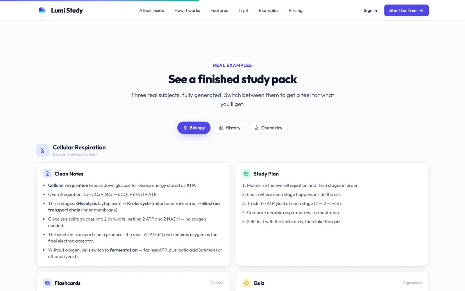 A finished pack for cellular respiration, with History and Chemistry to switch to — real generated output, not a mockup.