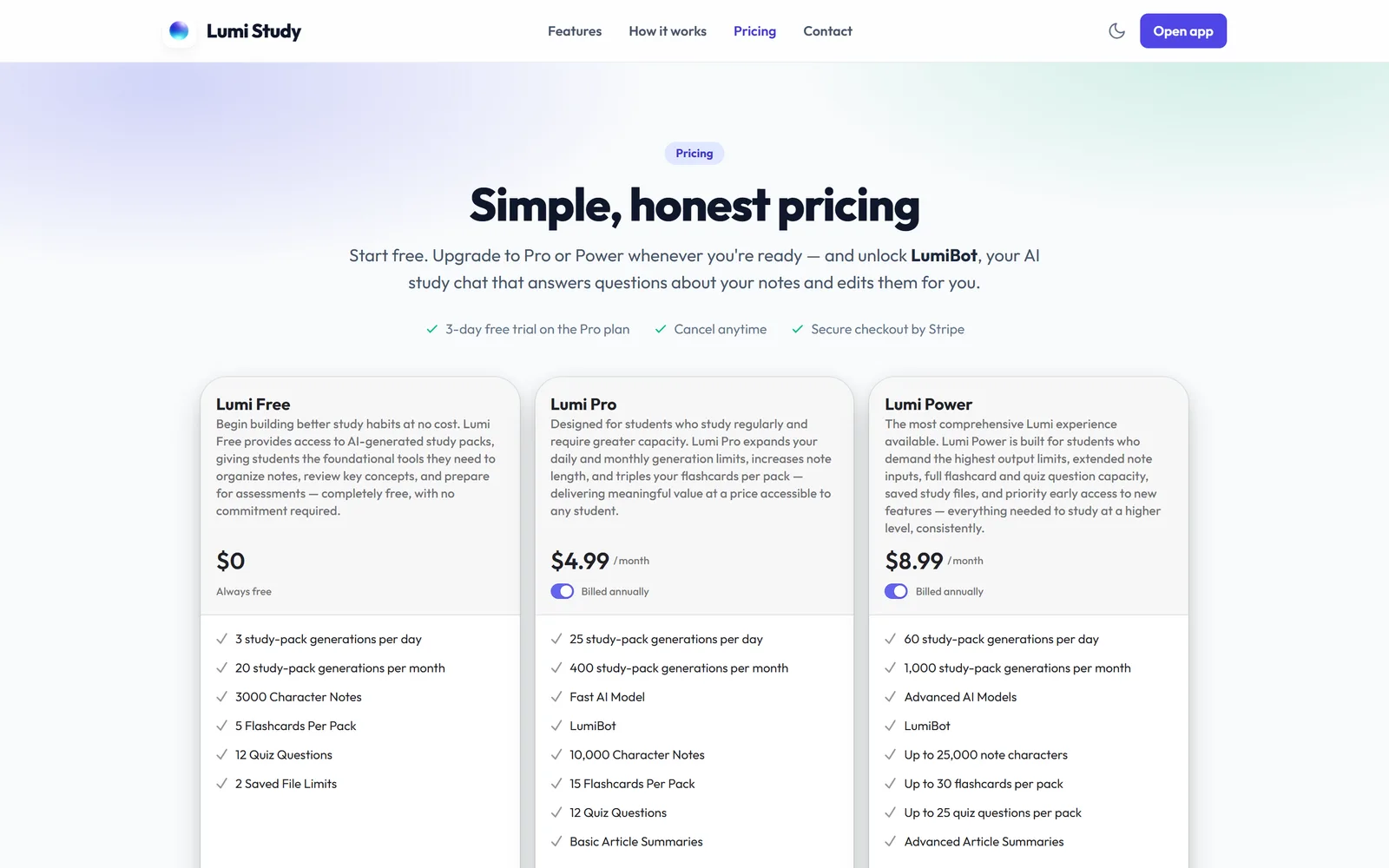 Free, Pro and Power side by side on the pricing page.