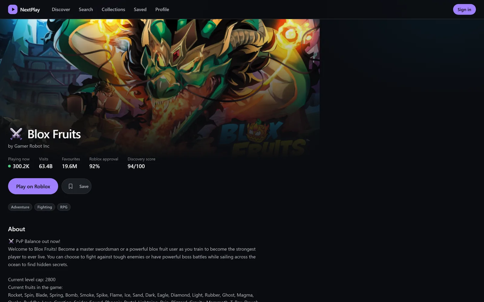 A game page: live player count, visits, favourites and Roblox approval alongside a discovery score of the app's own.